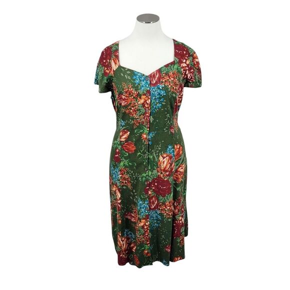 Roaman's Linen Blend Green Floral Tie Back Button Down Dress Women's Plus Size - Picture 1 of 8